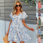 Flowers Print Short-sleeved Dress Summer Loose Chiffon A-line Dresses Fashion Casual Holiday Beach Dress For Womens Clothing - Deck Em Up