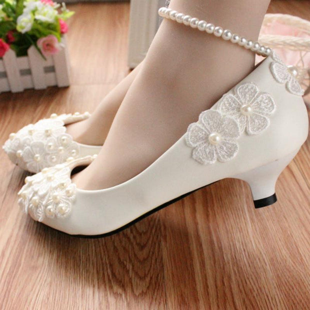 White Pearl Flower Anklet Wedding Dress Shoes Women - Deck Em Up