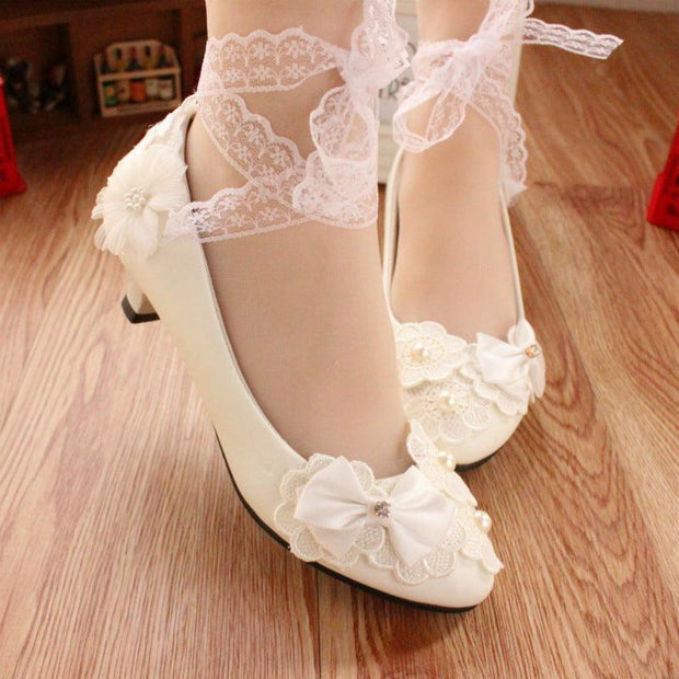 White Bow Ribbon Bridesmaid Wedding Dress Shoes - Deck Em Up