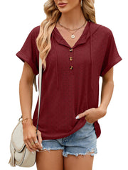 Solid Color Hooded Button T-shirt Loose Hollow Design Short-sleeved Top For Womens Clothing - Deck Em Up