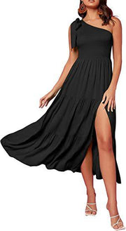 New Summer Fashion Women's One-shoulder Pleated Layered Hem Split Dress - Deck Em Up