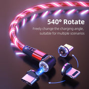 540 Rotate Luminous Magnetic Cable 3A Fast Charging Mobile Phone Charge Cable For LED Micro USB Type C For I Phone Cable - Deck Em Up