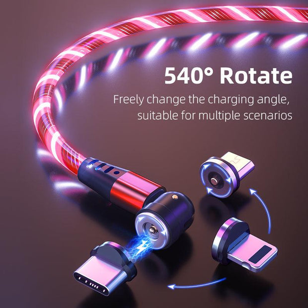 540 Rotate Luminous Magnetic Cable 3A Fast Charging Mobile Phone Charge Cable For LED Micro USB Type C For I Phone Cable - Deck Em Up