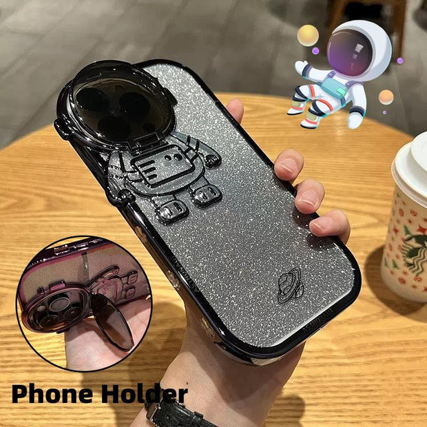 Glitter Astronaut Camera Stand Phone Case For IPhone 14 13 12 11 Pro Max XR 14 Plus Invisible Lens Bracket Plating Soft Cover - Deck Em Up