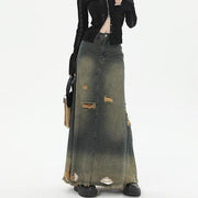 High Waist Loose And Slimming Long Skirt Ripped Denim Skirt - Deck Em Up