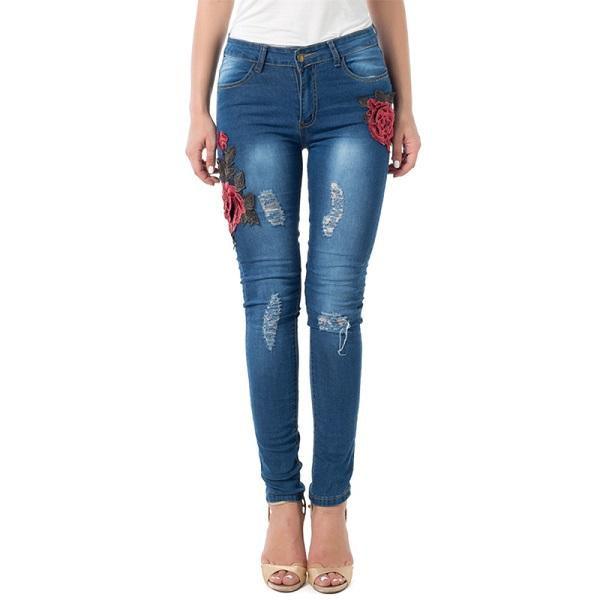 Designer Flower Swirl Ripped Jeans For Women Women Jeans Pencil Pants Denim Jeans - Deck Em Up