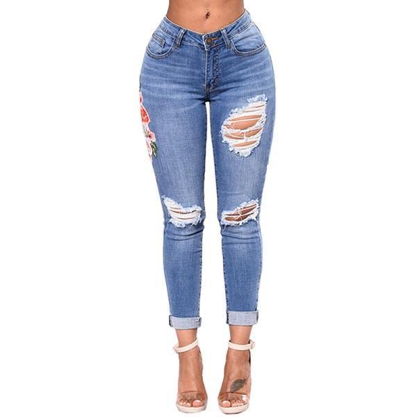 Designer Flower Swirl Ripped Jeans For Women Women Jeans Pencil Pants Denim Jeans - Deck Em Up