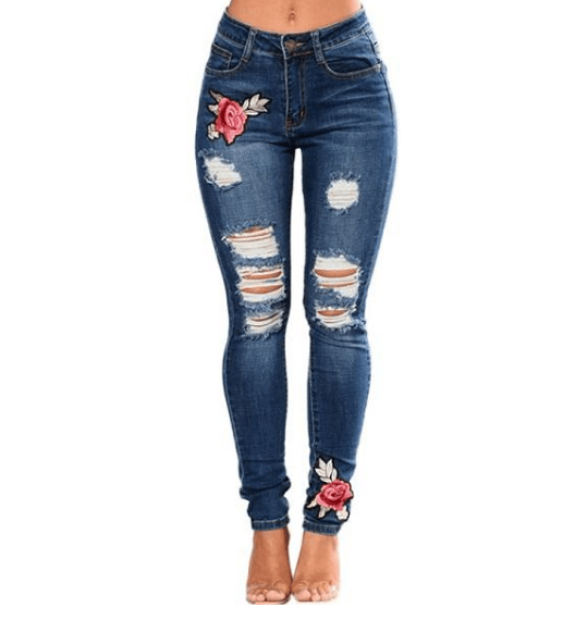 Designer Flower Swirl Ripped Jeans For Women Women Jeans Pencil Pants Denim Jeans - Deck Em Up