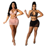 ANJAMANOR Sexy 2 Piece Set Bling Rhinestones Sheer Mesh Ruched Mini Skirts Club Outfits Women Summer Clothing D57-CG15 - Deck Em Up