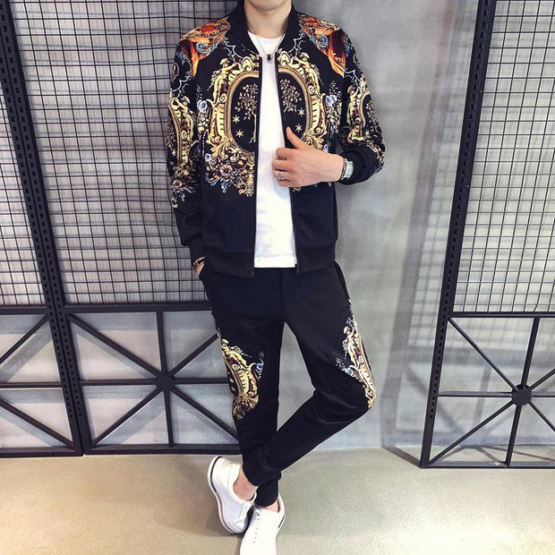 Autumn Men's Sports 2-Piece Gold Print Jacket Pant Tracksuit Suit New Men Sportswear Hombre Men's Casual Printing Suit - Deck Em Up