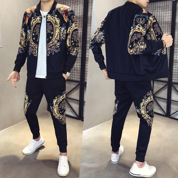 Autumn Men's Sports 2-Piece Gold Print Jacket Pant Tracksuit Suit New Men Sportswear Hombre Men's Casual Printing Suit - Deck Em Up