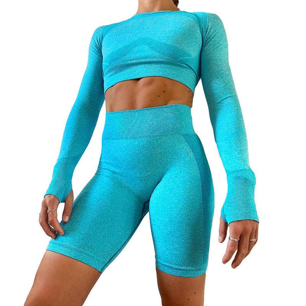 Long-sleeved Yoga Set Women Seamless Gym Tops Shorts - Deck Em Up