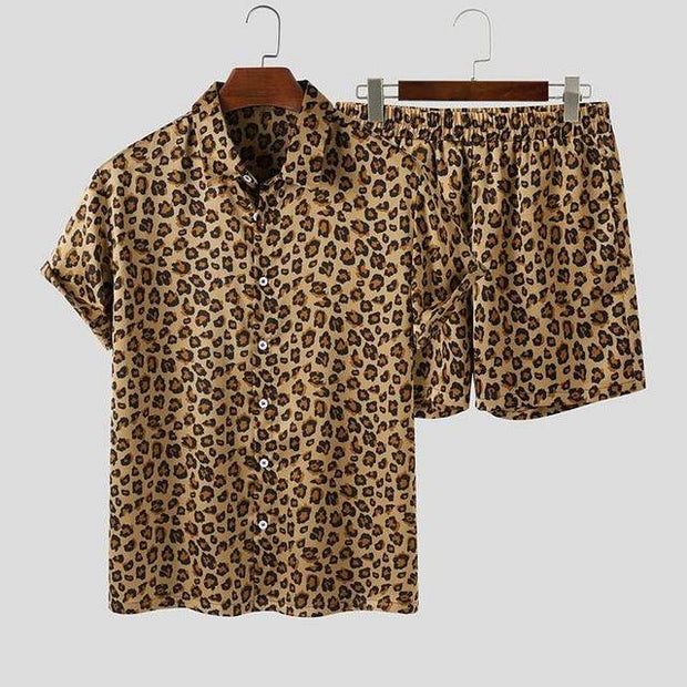 Summer Wear Men Sets Leopard Printed Lapel Short Sleeve - Deck Em Up