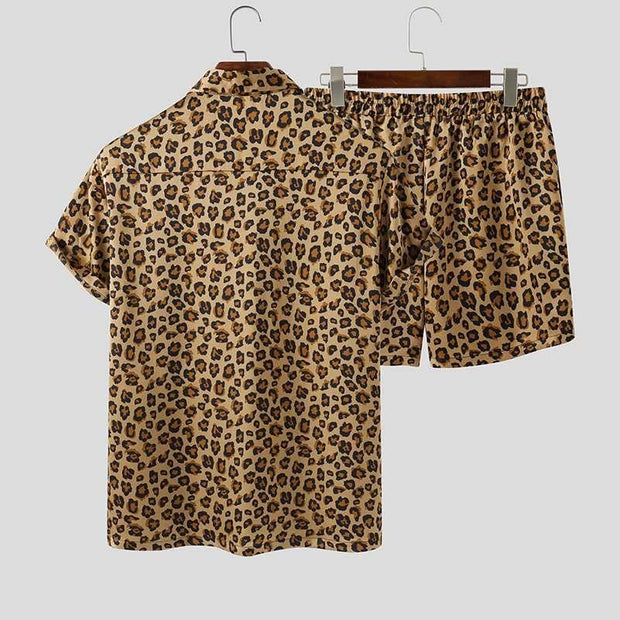 Summer Wear Men Sets Leopard Printed Lapel Short Sleeve - Deck Em Up