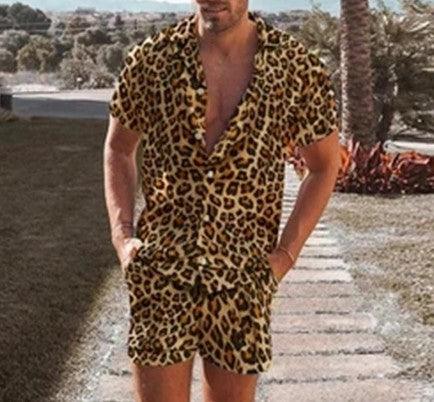 Summer Wear Men Sets Leopard Printed Lapel Short Sleeve - Deck Em Up