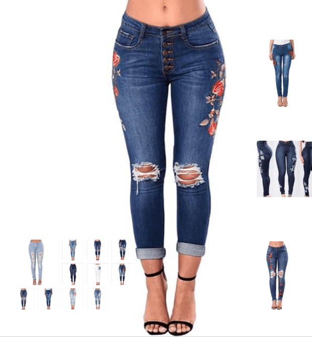 Designer Flower Swirl Ripped Jeans For Women Women Jeans Pencil Pants Denim Jeans - Deck Em Up