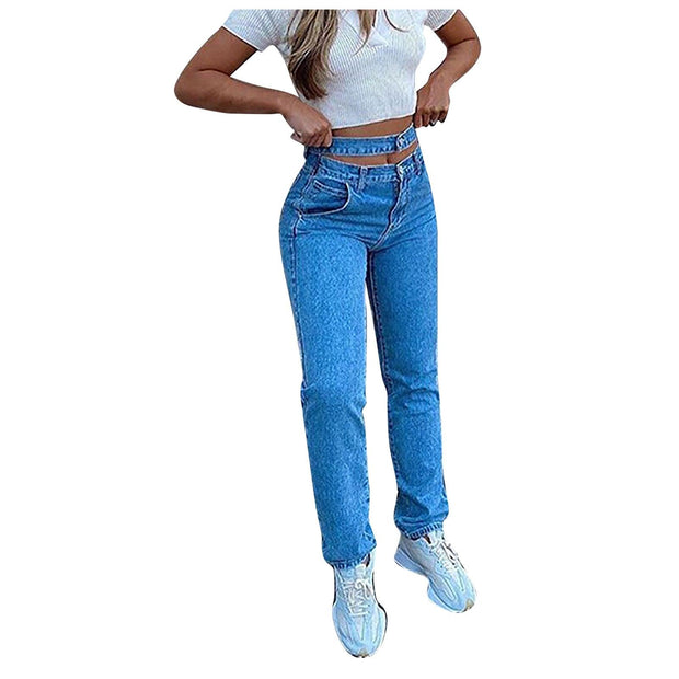 Jeans Women's New High-waist Washed Blue Long Jeans - Deck Em Up