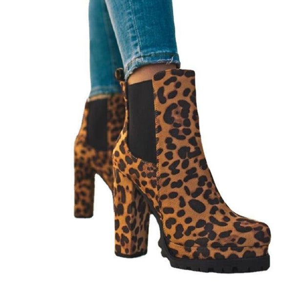 Round-Toe Ankle Boots Solid Leopard Print Thick Square High Heel Shoes Ladies Casual Fashion Autumn Winter Suede Dress Party Boots - Deck Em Up