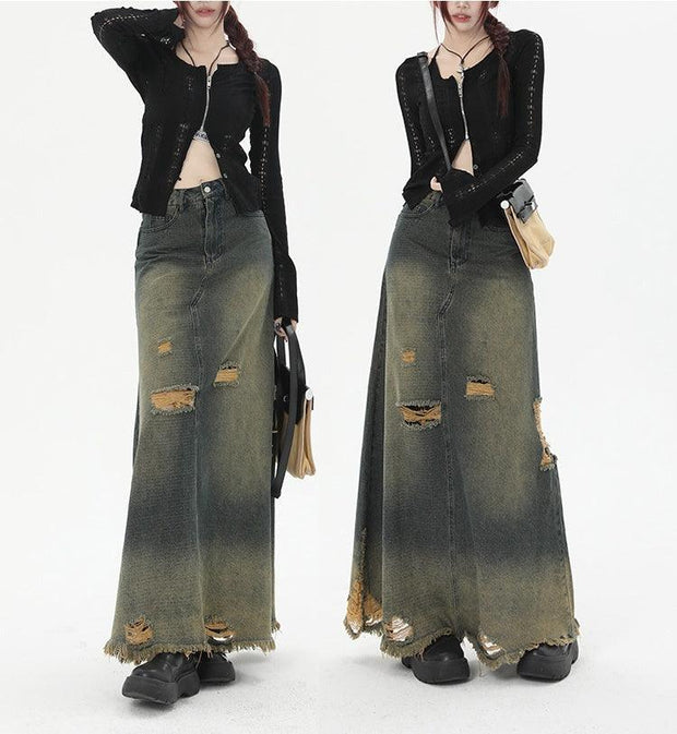 High Waist Loose And Slimming Long Skirt Ripped Denim Skirt - Deck Em Up