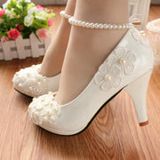 White Pearl Flower Anklet Wedding Dress Shoes Women - Deck Em Up