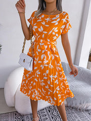 Leaf Print Dress Women Short Sleeve Lace-Up Skirt Summer Beach Dress - Deck Em Up