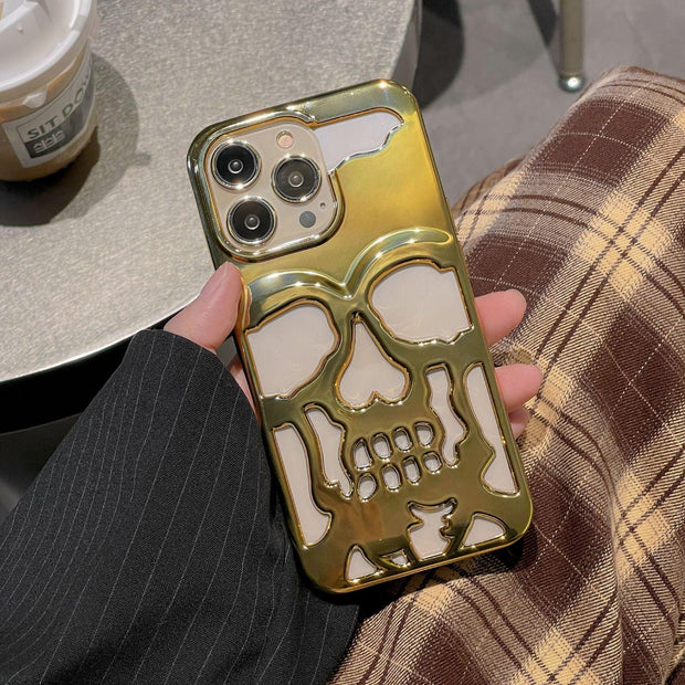 Luxury Plating 3D Skull Phone Case For I-Phone 14 Pro Max 13 12 11 Plus Breathable Glossy Hollow Out Gold Metallic Paint - Deck Em Up