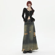 High Waist Loose And Slimming Long Skirt Ripped Denim Skirt - Deck Em Up