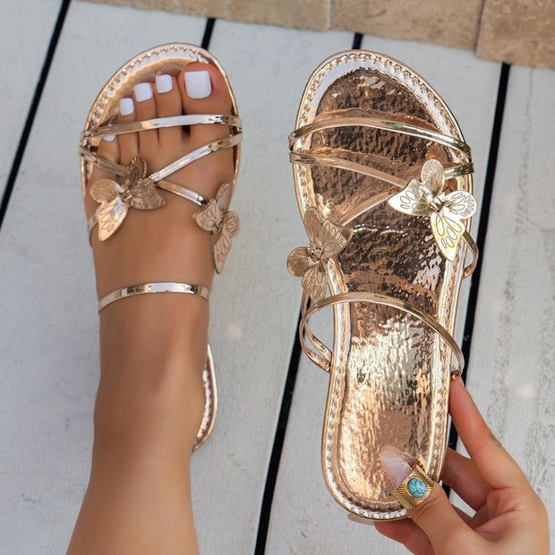 New Fashion Butterfly Cross-Strap Sandals Summer Beach Shoes for Women Casual Low Heel Flat Slides Slippers - Deck Em Up