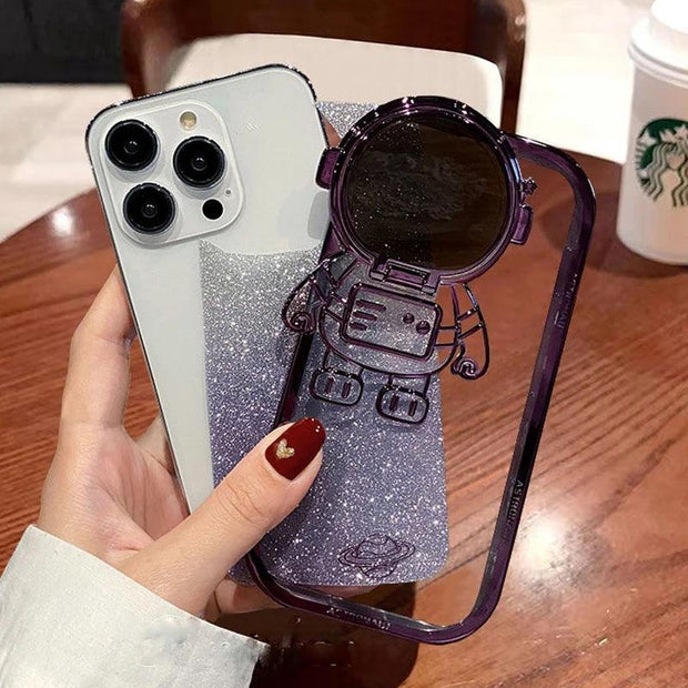 Glitter Astronaut Camera Stand Phone Case For IPhone 14 13 12 11 Pro Max XR 14 Plus Invisible Lens Bracket Plating Soft Cover - Deck Em Up