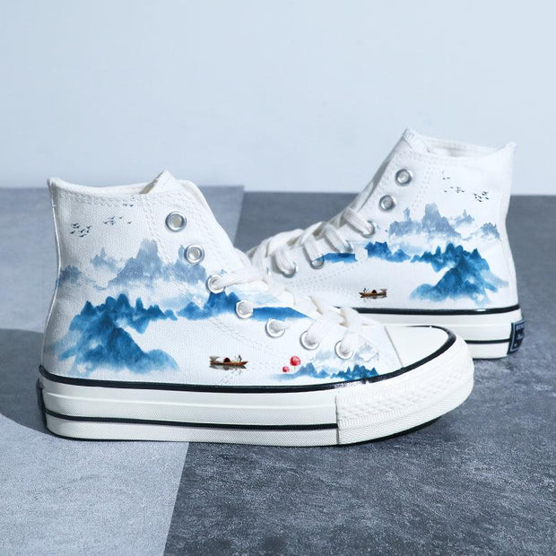 Chinese Style Canvas Shoes Retro Landscape Painting Lotus Pond Bamboo Forest Student High-top Board Shoe - Deck Em Up