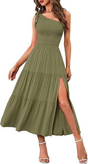 New Summer Fashion Women's One-shoulder Pleated Layered Hem Split Dress - Deck Em Up