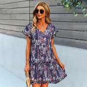 Flowers Print Short-sleeved Dress Summer Loose Chiffon A-line Dresses Fashion Casual Holiday Beach Dress For Womens Clothing - Deck Em Up