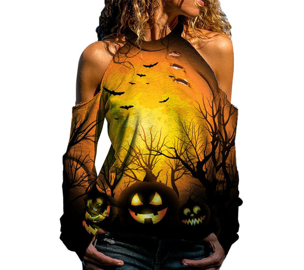 Halloween Off Shoulder Printed Top Womens Casual Loose Stitching Long Sleeved T Shirt - Deck Em Up