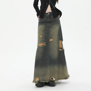 High Waist Loose And Slimming Long Skirt Ripped Denim Skirt - Deck Em Up