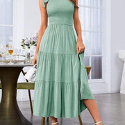 New Summer Fashion Women's One-shoulder Pleated Layered Hem Split Dress - Deck Em Up