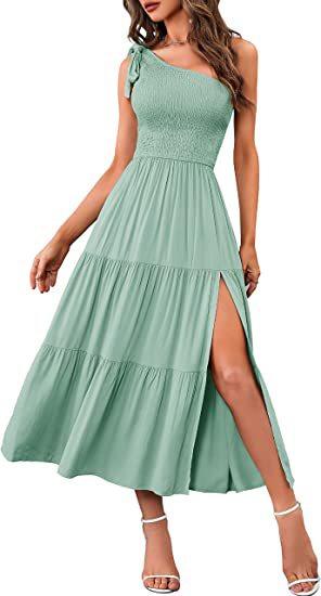 New Summer Fashion Women's One-shoulder Pleated Layered Hem Split Dress - Deck Em Up