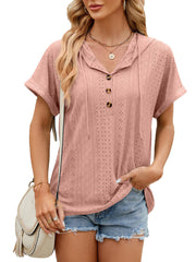 Solid Color Hooded Button T-shirt Loose Hollow Design Short-sleeved Top For Womens Clothing - Deck Em Up