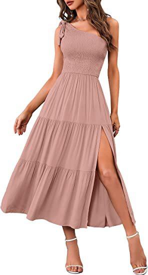 New Summer Fashion Women's One-shoulder Pleated Layered Hem Split Dress - Deck Em Up