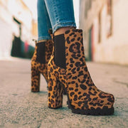 Round-Toe Ankle Boots Solid Leopard Print Thick Square High Heel Shoes Ladies Casual Fashion Autumn Winter Suede Dress Party Boots - Deck Em Up