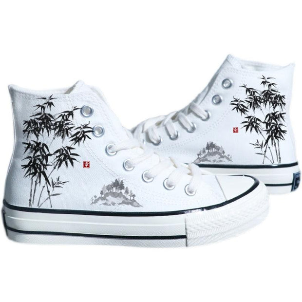 Chinese Style Canvas Shoes Retro Landscape Painting Lotus Pond Bamboo Forest Student High-top Board Shoe - Deck Em Up