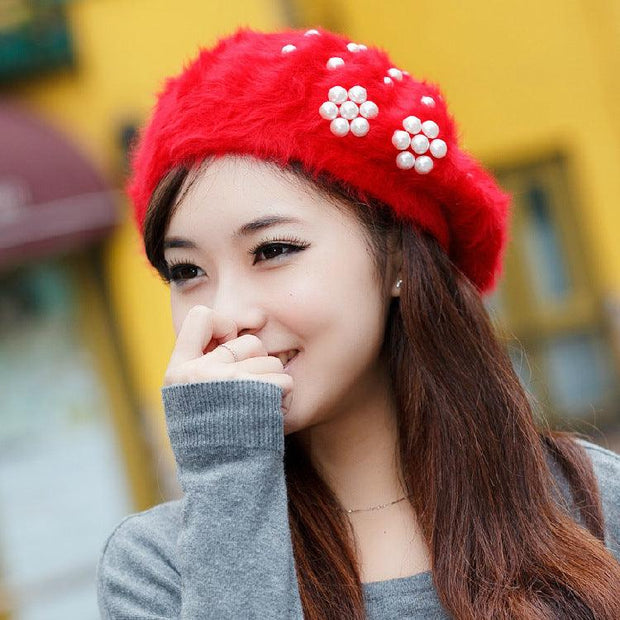 Women's Winter Korean Hats Designer Trendy Pearl Rabbit Fur - Deck Em Up