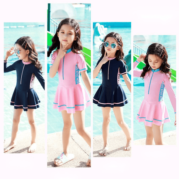 Girls' Color-Blocking Sports and Leisure One-Piece Skirt Swimsuit - Deck Em Up