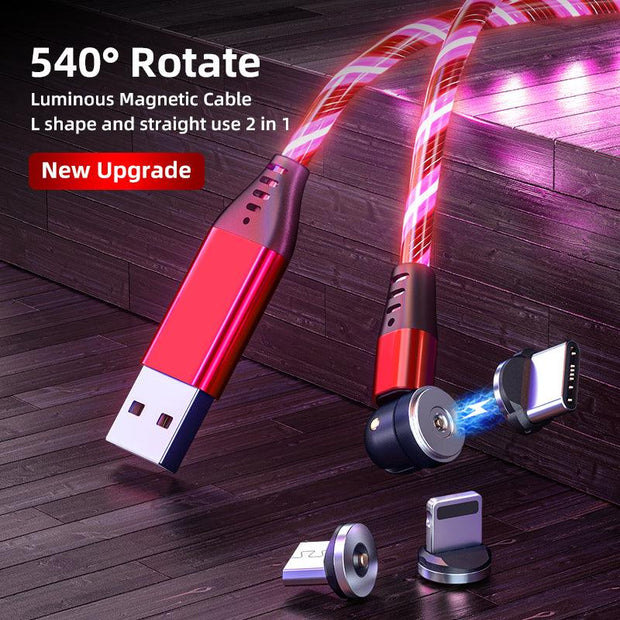 540 Rotate Luminous Magnetic Cable 3A Fast Charging Mobile Phone Charge Cable For LED Micro USB Type C For I Phone Cable - Deck Em Up