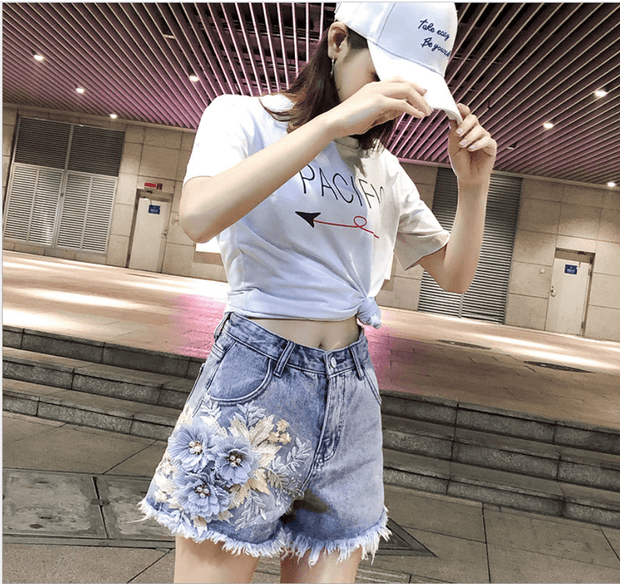 Women Sexy Cute Designer Jeans Shorts Flowers - Deck Em Up