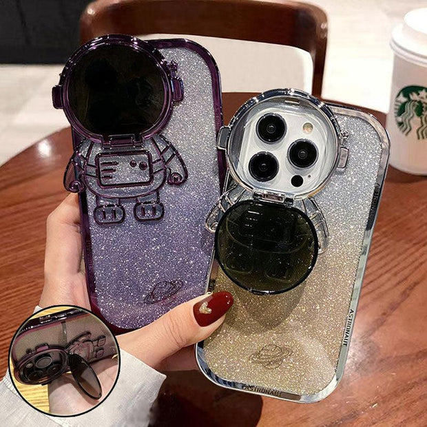 Glitter Astronaut Camera Stand Phone Case For IPhone 14 13 12 11 Pro Max XR 14 Plus Invisible Lens Bracket Plating Soft Cover - Deck Em Up