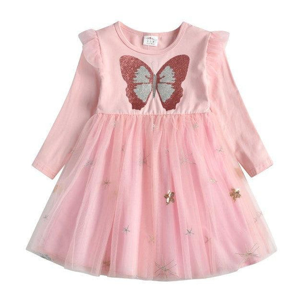 New 3-8 Girls Dress Butterfly Kids Long Sleeve Dresses Baby - Deck Em Up