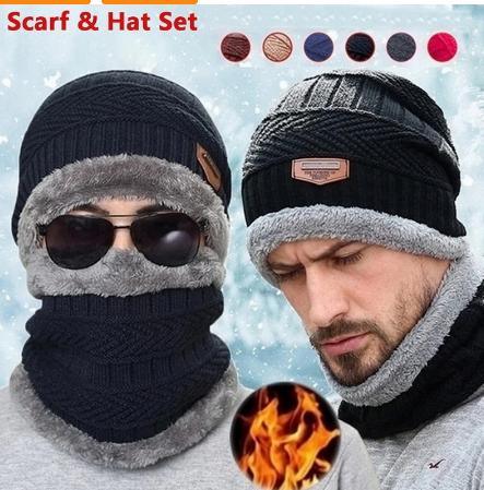 Winter Beanie Hat Scarf Set Warm Knit Hat Thick Fleece Lined Winter Hat Neck Warmer For Men Women - Deck Em Up