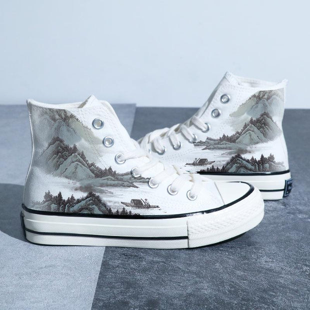 Chinese Style Canvas Shoes Retro Landscape Painting Lotus Pond Bamboo Forest Student High-top Board Shoe - Deck Em Up