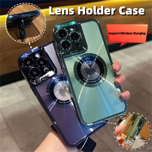 Electroplated Phone Case Luxury Plating CD Pattern Magsafe Bracket Case For 12 13 14 Pro Max Invisible Camera Stand Holder Lens Holder Magnetic Suction - Deck Em Up