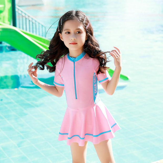 Girls' Color-Blocking Sports and Leisure One-Piece Skirt Swimsuit - Deck Em Up